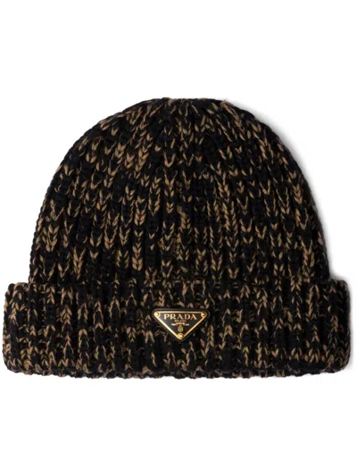 Prada Mélange-effect Wool Beanie In Black