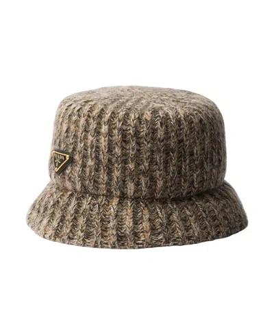 Prada Melange Knit Bucket Hat In Brown