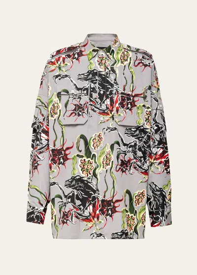 Prada Men's Alien Floral Poplin Sport Shirt In Granito Rosso