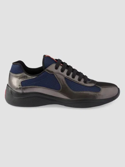 Prada Men's America's Cup Metallic Leather And Bike Fabric Sneakers In Black