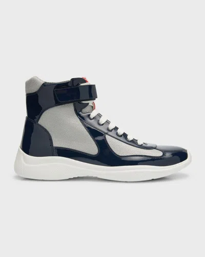 Prada Men's America's Cup High-top Patent Leather Trainers In Royalarge