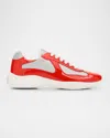 Prada Men's America's Cup Patent Leather Patchwork Sneakers In Mandarino/argento