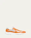 Prada Men's America's Cup Patent Leather Patchwork Sneakers In Pumpkin Orange Silver