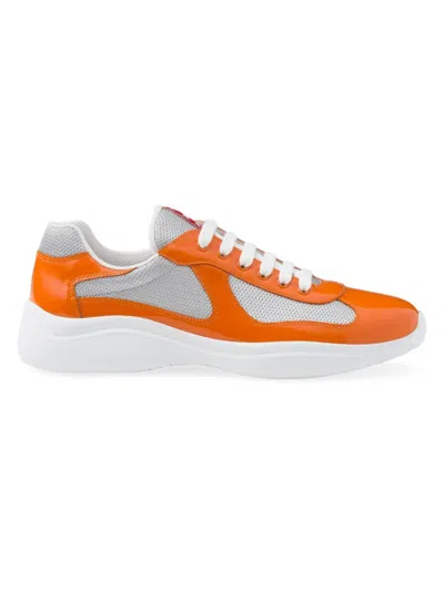 Prada Men's America's Cup Patent Leather Patchwork Sneakers In Pumpkin Orange Si