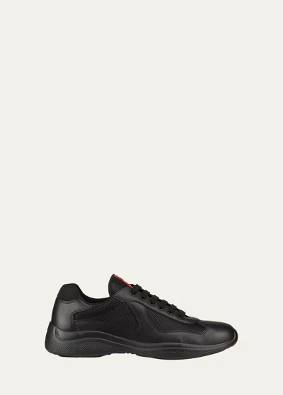 Prada Men's Americas Cup Leather Trainer Sneakers In Black