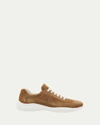 Prada Men's Americas Cup Suede Low-top Sneakers In Cinnamon Brown