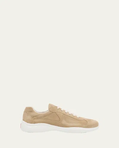 Prada Men's Americas Cup Suede Low-top Sneakers In Tan