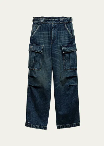 Prada Men's Baggy Denim Cargo Pants In F0008 Bleu