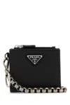 Prada Leather Wallet With Keyring Attachment And Metal Chain In Black