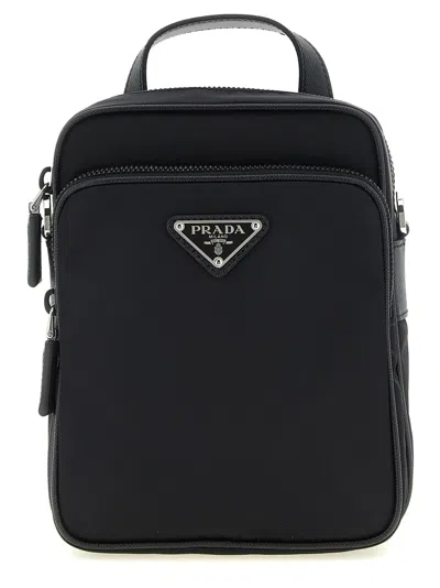 Prada Renylon Crossbody Bag Leather Trim Strap In Black