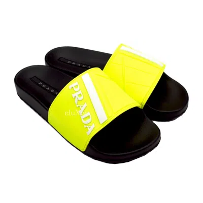 Pre-owned Prada Men's Black Neon Yellow Logo Print Rubber Slides Sandals 8 9 Authentic