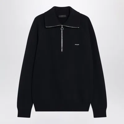 Prada Men's Blue Mini Wool & Cashmere Polo Shirt In Black
