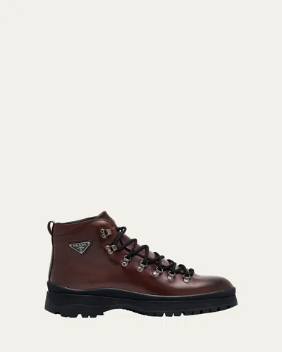 Prada Men's Brixxen Leather Lace-up Boots In Burgundy