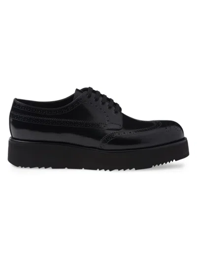 Prada Men's Brushed Leather Derby Brogues Shoes In Black