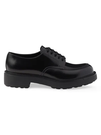Prada Men's Brushed Leather Derby Shoes In Black