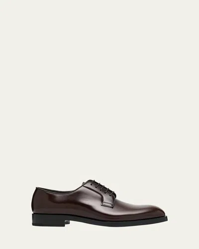 Prada Men's Brushed Leather Derby Shoes In Brown