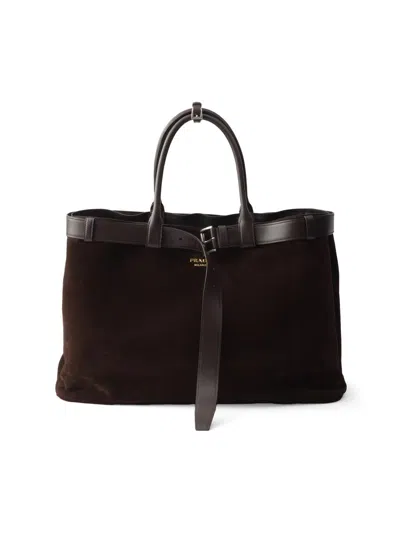 Prada Buckle Suede Bag With Belt In Brown
