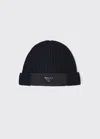 Prada Mens Black Re-nylon Wool And Recycled Polyamide-blend Beanie Hat In Nero