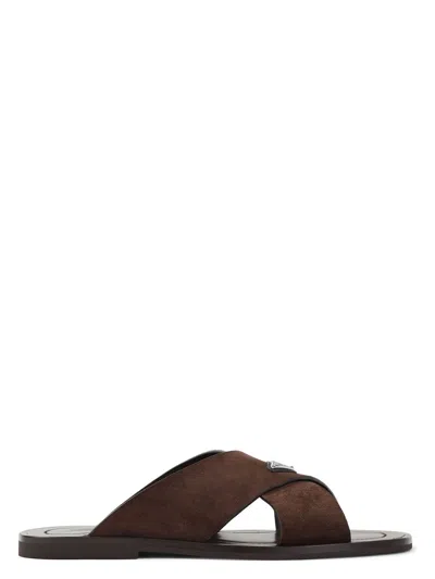 Prada Suede Leather Flat Sole Sandals In Brown