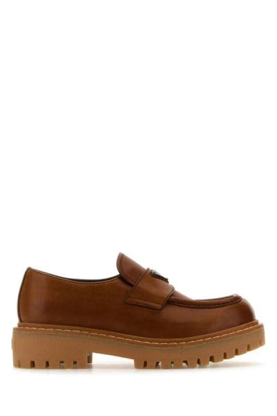 Prada Men Caramel Leather Loafers In Brown