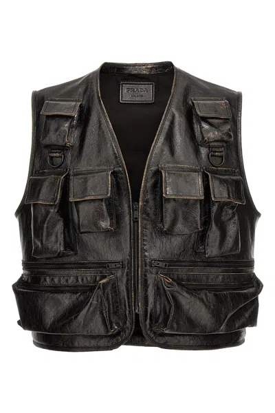 Prada Leather Vest In Schwarz