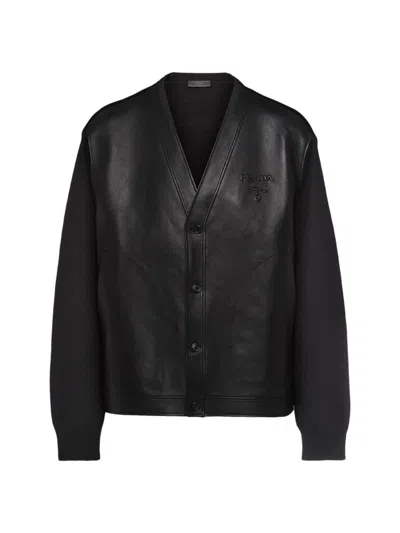 PRADA MEN'S CASHMERE AND LEATHER CARDIGAN