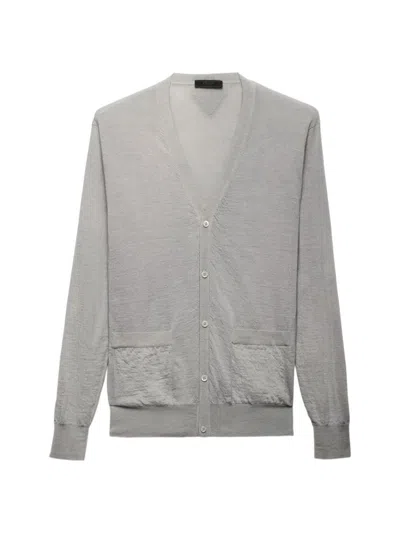 Prada Logo-patch Cashmere Cardigan In Grey
