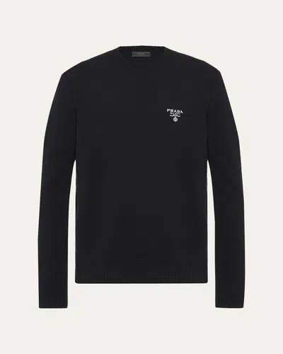 Prada Men's Cashmere Logo Crewneck Sweater In Black