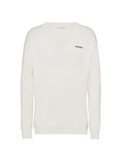 Prada Men's Cashmere V-neck Sweater In White