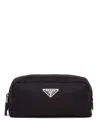 Prada Nylon Wash Bag With Enamel Triangle Logo In Nero