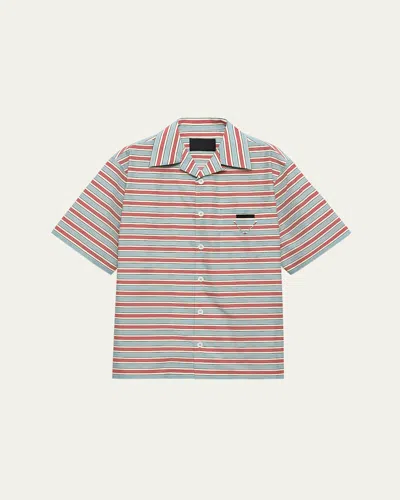 PRADA MEN'S COTTON AND SILK STRIPE SHORT-SLEEVE SHIRT