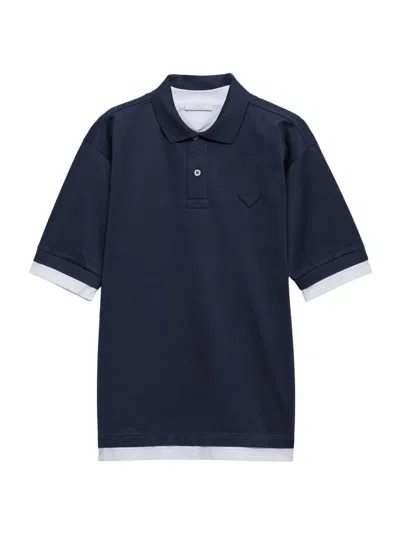Prada Mens Blue Logo-embroidered Cotton Polo Shirt