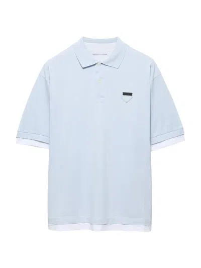 Prada Mens Light Blue Layered-effect Boxy-fit Cotton Polo Shirt Xl
