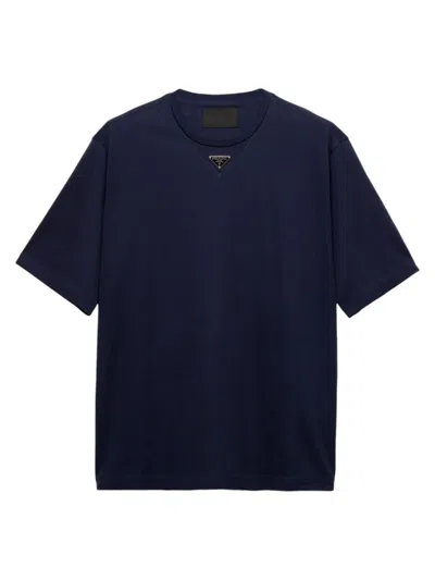 Prada Enamel Triangle-logo Cotton T-shirt In Navy Blue