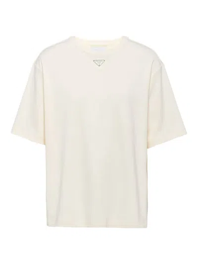 Prada Logo-plaque Cotton T-shirt In Neutrals