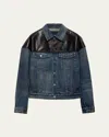 Prada Blue Denim And Black Leather Jacket Men In Blue