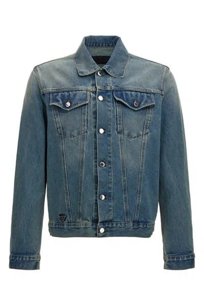 Prada Enamelled-triangle Classic Denim Jacket In Blue