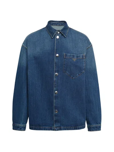 Prada Men's Used Denim Casual Button-down Shirt In Blue