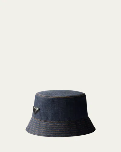 Prada Men's Denim Triangle-logo Bucket Hat In F0008 Bleu