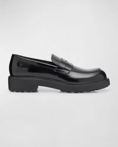 Prada Leather Loafers With Chunky Sole And Penny Strap In Nero