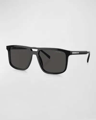 Prada Men's Double-bridge Acetate Rectangle Sunglasses In Black
