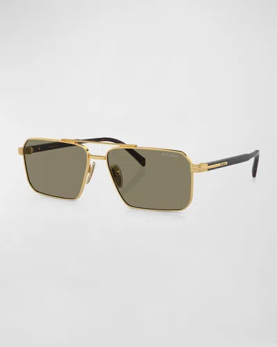 Prada Men's Double-bridge Metal Square Sunglasses In Brown