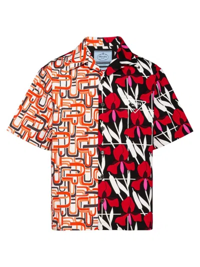 Prada Men's Double Match Heavy Cotton Shirt In Orange Multi