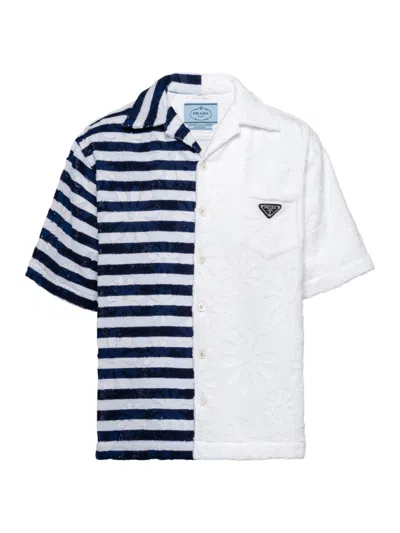 Prada Double Match Heavy Cotton Shirt In Bianco Bluette