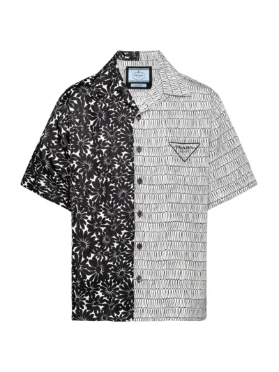 Prada Men's Double Match Silk Shirt In Black Multi