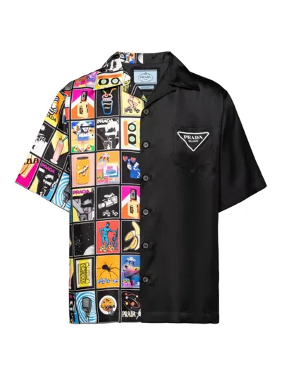 Prada Double Match Silk Twill Shirt In Black Multi