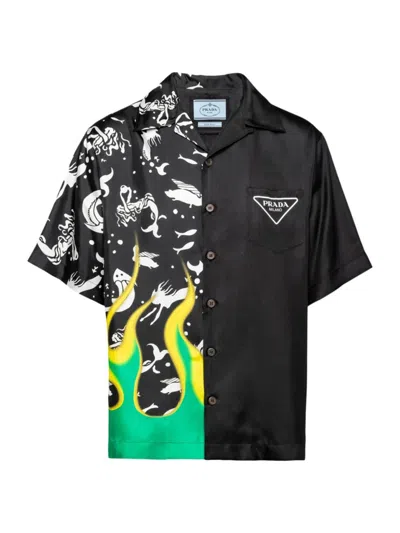 Prada Double Match Silk Twill Shirt In Black Multi