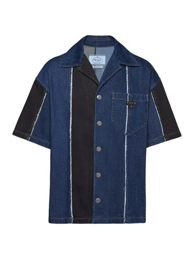 Prada Double Match Striped Denim Shirt In Blue