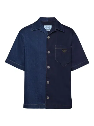 Prada Double Match Washed Denim Shirt In Blue Blue