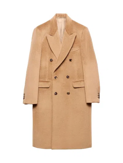 Prada Men's Double-breasted Wool Blend Coat In Brown